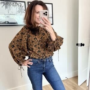 Scotch & Soda Blouse Brown Floral Print Organic Cotton Poplin Shirt Size Small